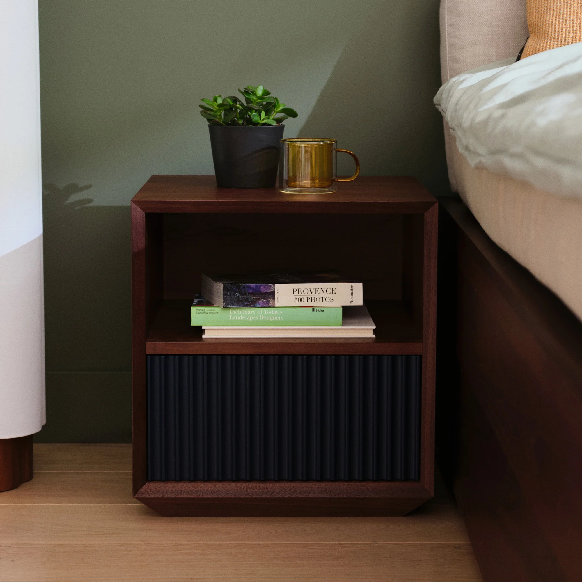 Pillar 1-Drawer Bedside Table Walnut & Navy - Image 3