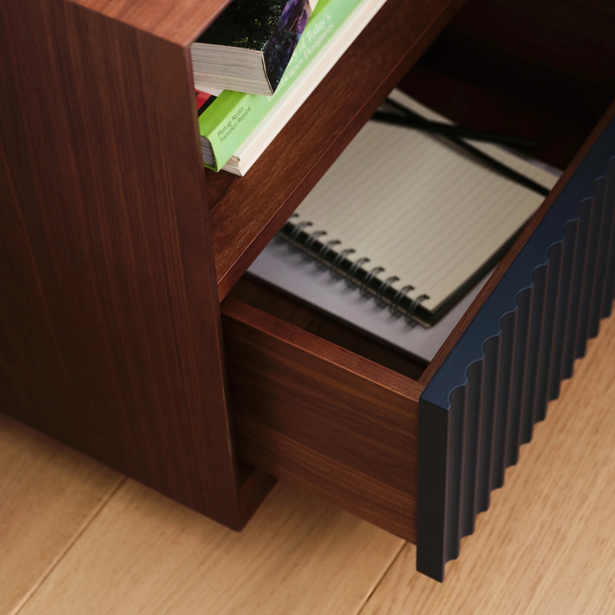 Pillar 1-Drawer Bedside Table Walnut & Navy - Image 4